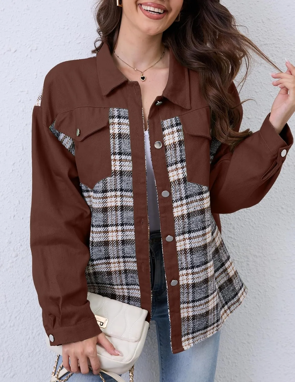 Women Denim Jean Jacket Plaid Shackets Button Down Lightweight Oversized Pocketed Coat Outfits Tops 2024 Fall