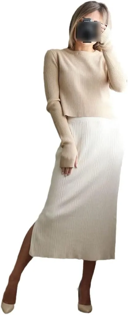 Women Elastic Knitted Skirts Autumn Winter Thick Warm Pencil Bodycon Skirt Ribbed Midi Split Up Sweater Skirt