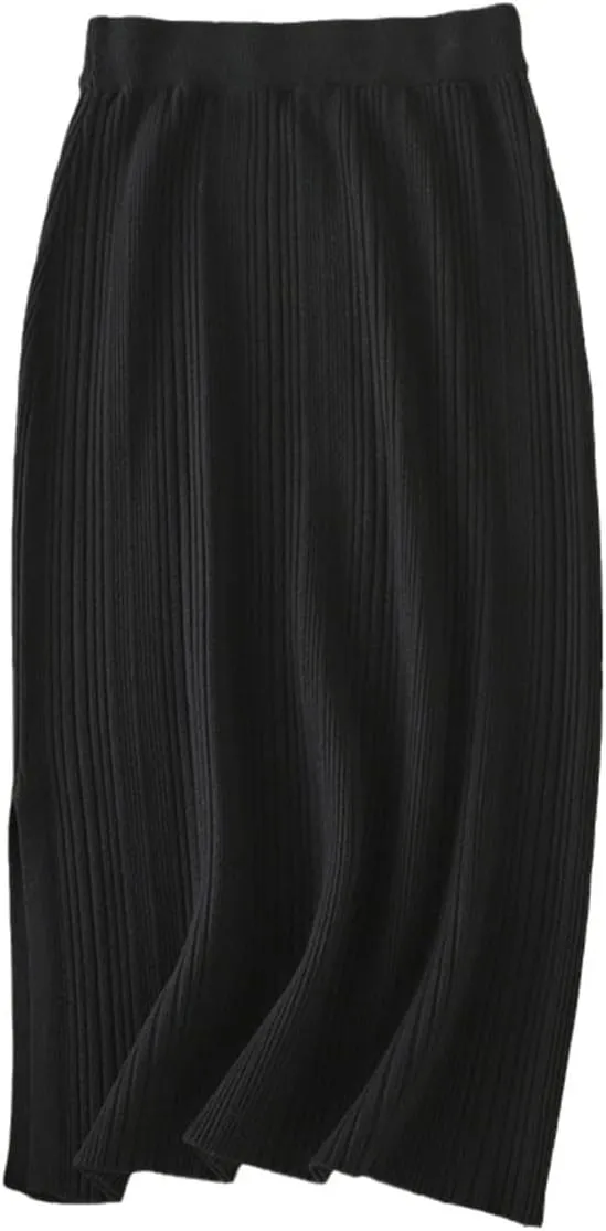 Women Elastic Knitted Skirts Autumn Winter Thick Warm Pencil Bodycon Skirt Ribbed Midi Split Up Sweater Skirt