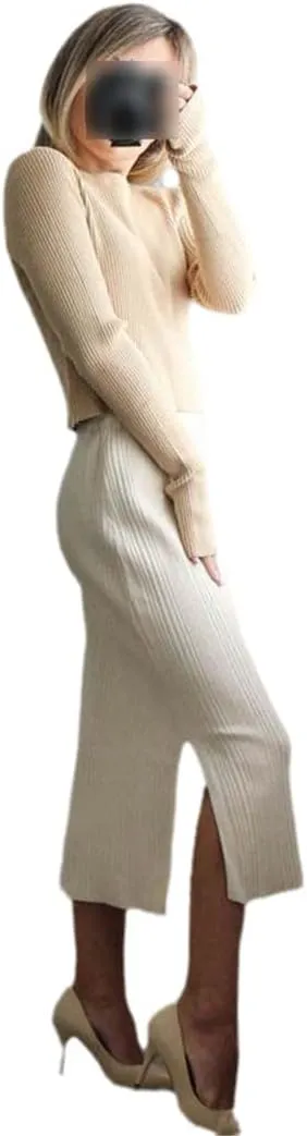 Women Elastic Knitted Skirts Autumn Winter Thick Warm Pencil Bodycon Skirt Ribbed Midi Split Up Sweater Skirt