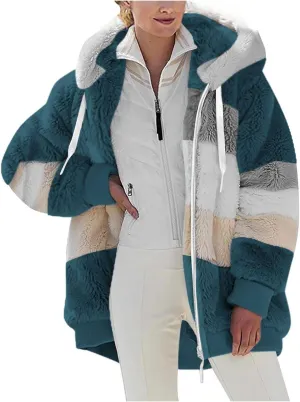 Women Faux Fur Zip Up Hoodies Sherpa Lined Winter Jackets Warm Plush Coat Oversized Fleece Warm Hoodie Outwear