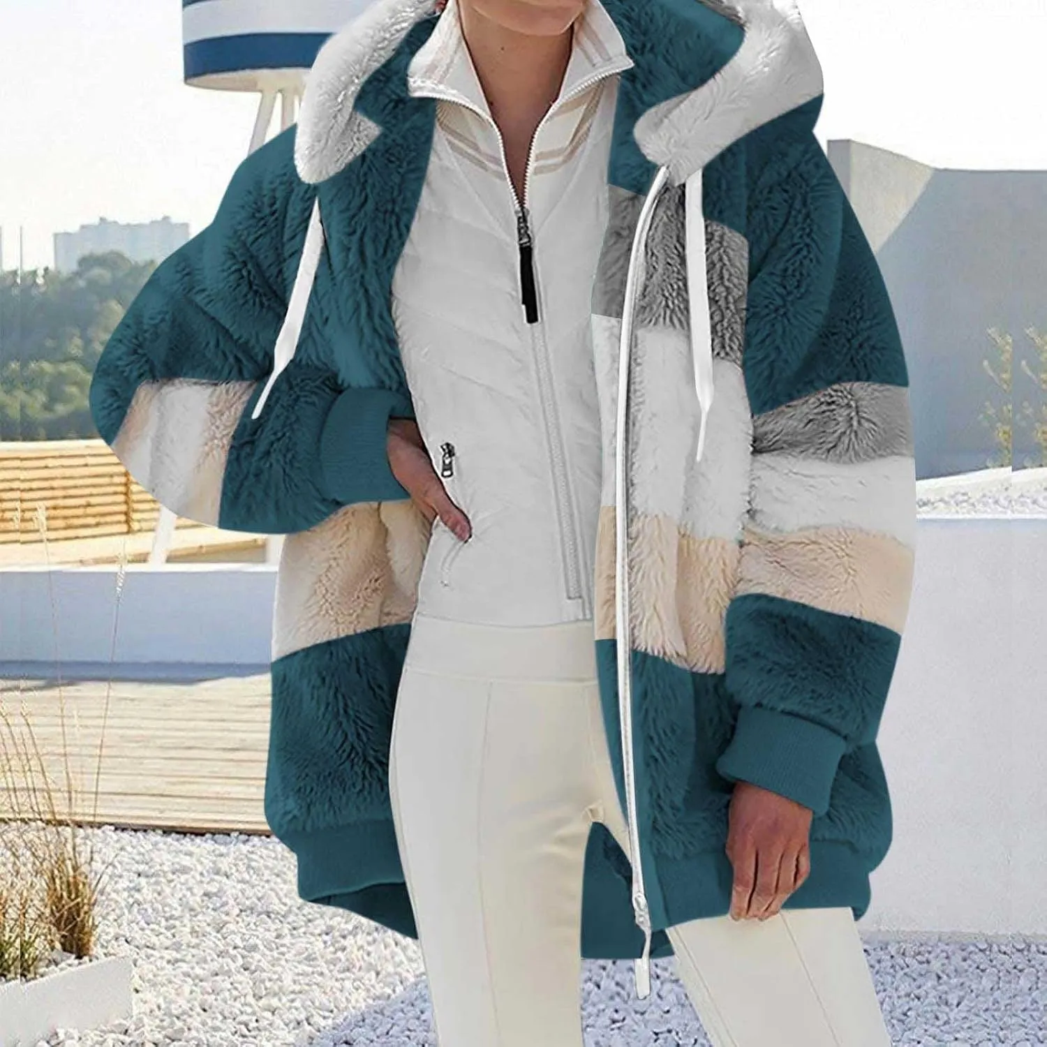 Women Faux Fur Zip Up Hoodies Sherpa Lined Winter Jackets Warm Plush Coat Oversized Fleece Warm Hoodie Outwear