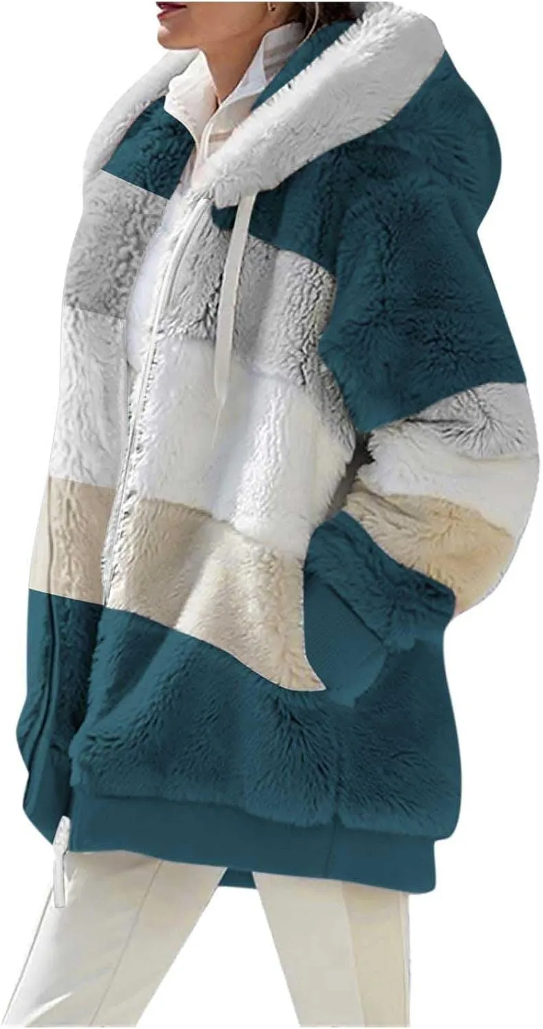 Women Faux Fur Zip Up Hoodies Sherpa Lined Winter Jackets Warm Plush Coat Oversized Fleece Warm Hoodie Outwear