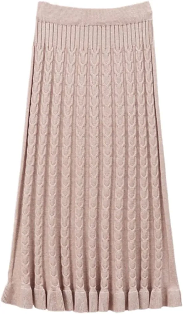 Women Knitted Cable Twist Skirts Autumn Winter Thick Warm Midi Skirt Elastic Band High Waist Tulle Skirt