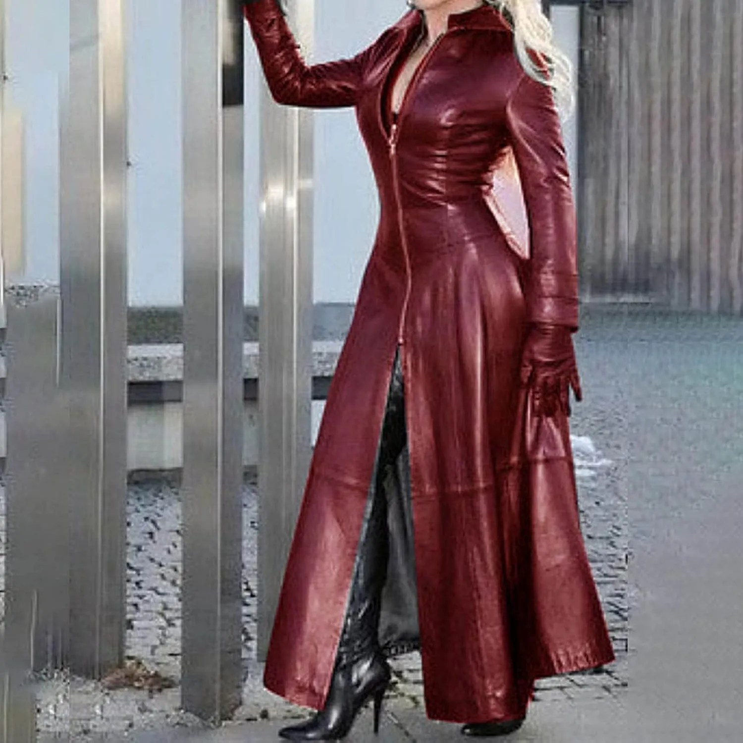 Women Leather Jacket 2024 Long Sleeve Overcoat Dress Zipper Leather Long Coats Lapel Collar Outerwear Winter