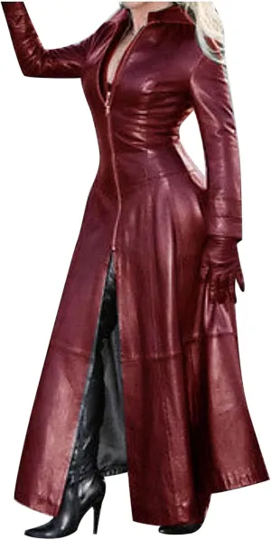 Women Leather Jacket 2024 Long Sleeve Overcoat Dress Zipper Leather Long Coats Lapel Collar Outerwear Winter