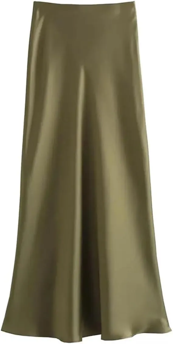 Women Long Skirt Spring Elastic High Waisted A-Line Casual Satin Skirts High Slim Fit Female Skirts