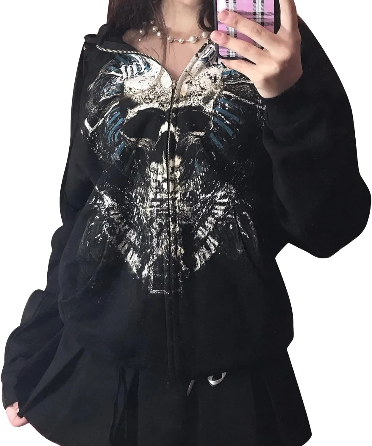 Women Men Y2k Zip Up Hoodie Oversized Skeleton Graphic Hoodies Jacket Aesthetic Vintage Gothic Grunge Sweatshirt