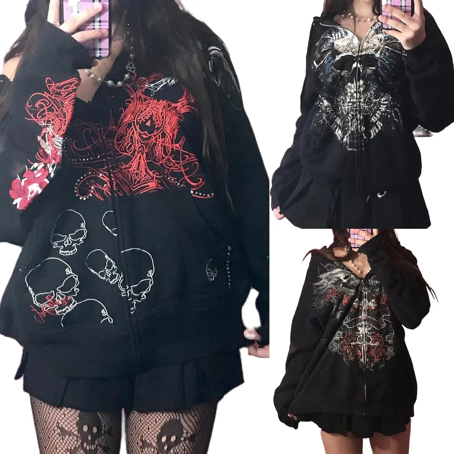 Women Men Y2k Zip Up Hoodie Oversized Skeleton Graphic Hoodies Jacket Aesthetic Vintage Gothic Grunge Sweatshirt