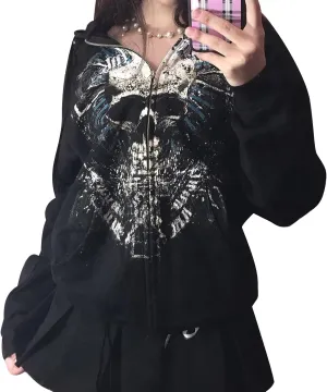 Women Men Y2k Zip Up Hoodie Oversized Skeleton Graphic Hoodies Jacket Aesthetic Vintage Gothic Grunge Sweatshirt