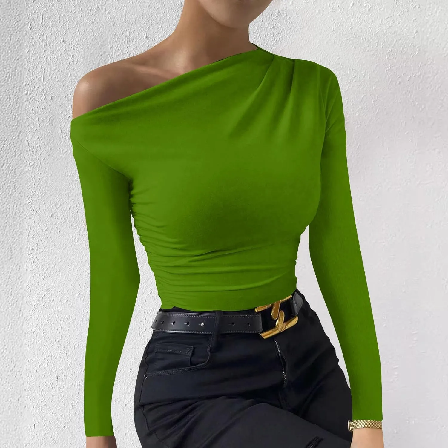Women One Shoulder Tight Fitted Shirt Long Sleeve Solid Color Blouse Soft Basic Classic Tee Shirts Going Out Clothes