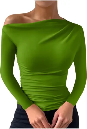 Women One Shoulder Tight Fitted Shirt Long Sleeve Solid Color Blouse Soft Basic Classic Tee Shirts Going Out Clothes