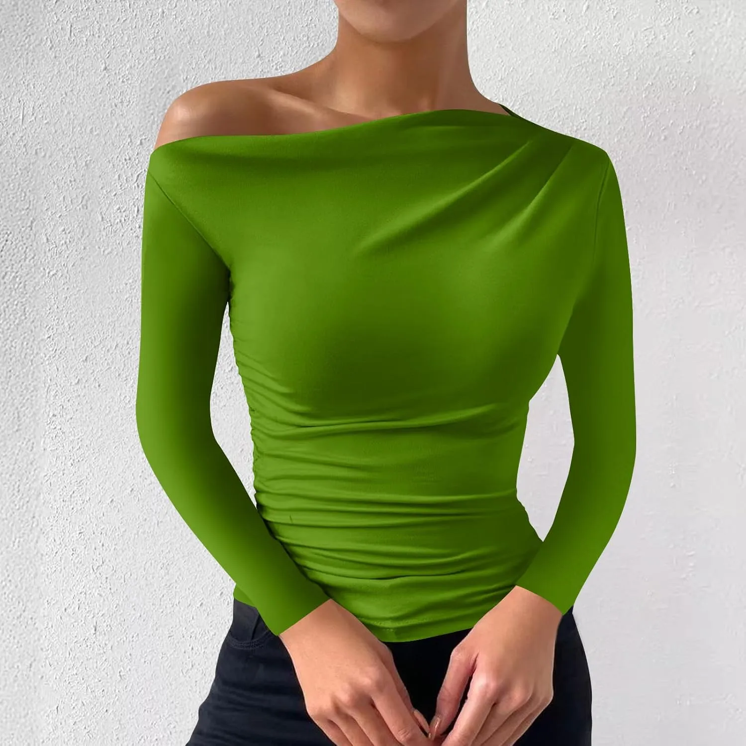 Women One Shoulder Tight Fitted Shirt Long Sleeve Solid Color Blouse Soft Basic Classic Tee Shirts Going Out Clothes