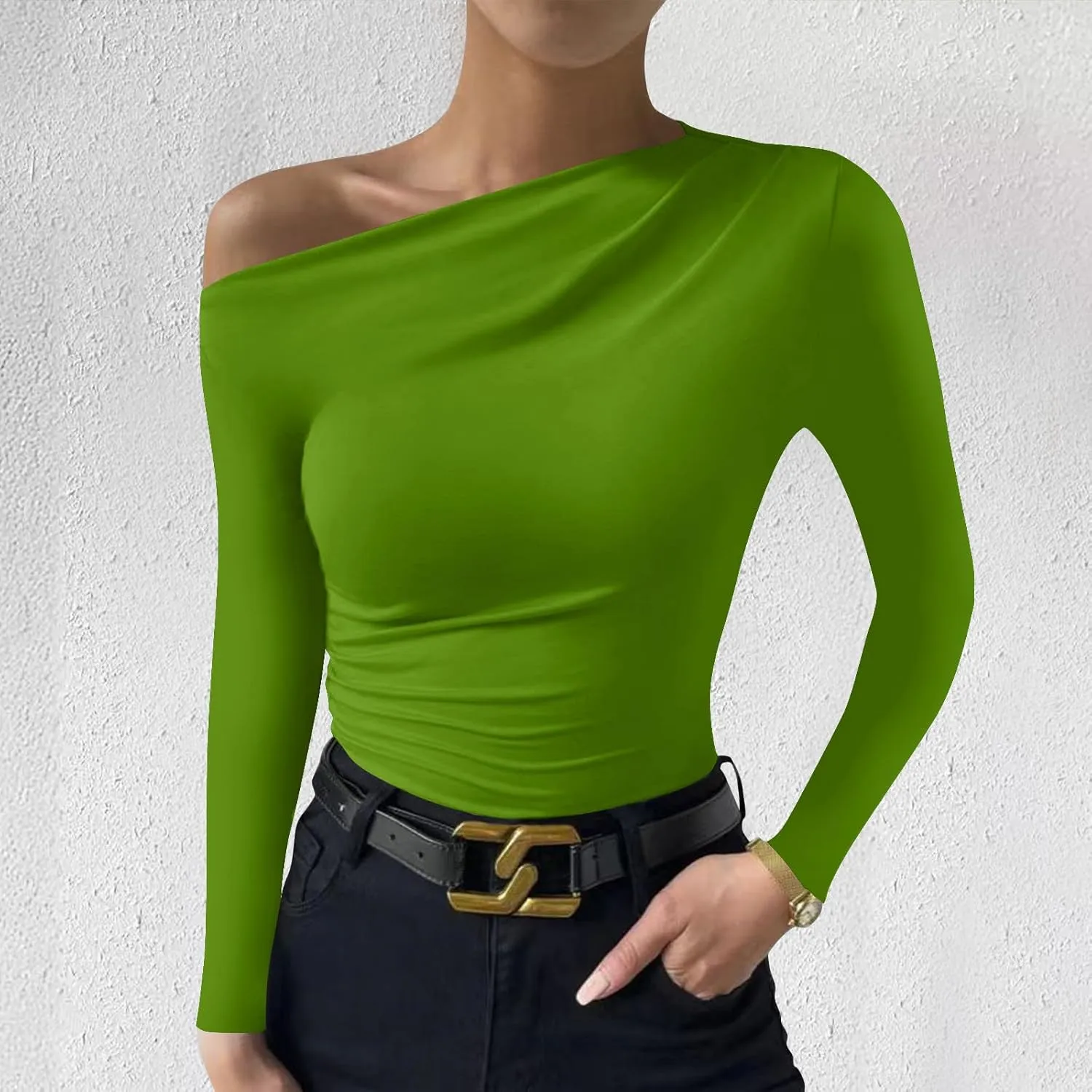 Women One Shoulder Tight Fitted Shirt Long Sleeve Solid Color Blouse Soft Basic Classic Tee Shirts Going Out Clothes