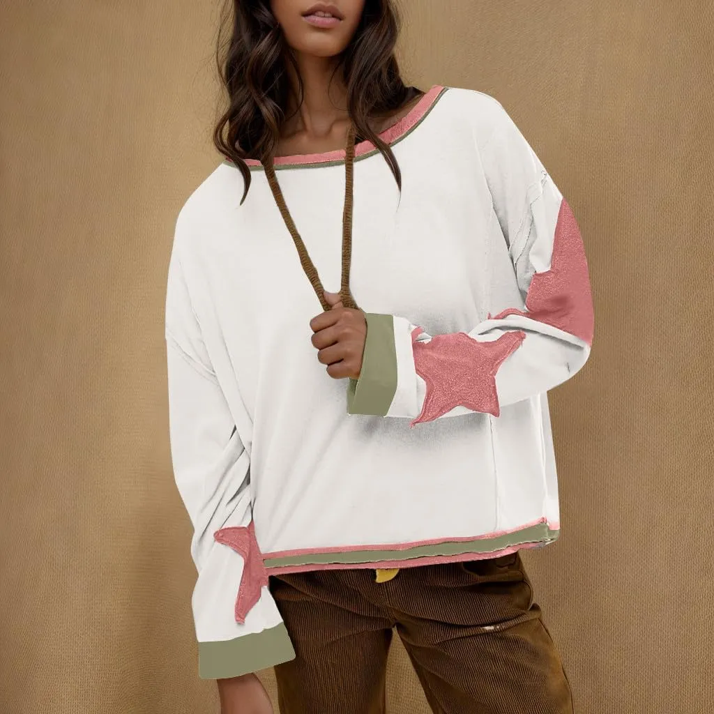 Women Oversize Sweatshirts Crewneck Long Sleeve Star Print Casual Loose Pullover Fall Fashion 2024 Clothes Tops