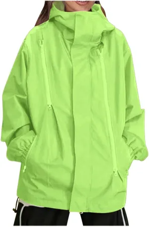 Women Oversized Rain Jackets Hooded Waterproof Windproof Raincoat with Pockets, Loose Zip Up Windbreaker Rain Coat