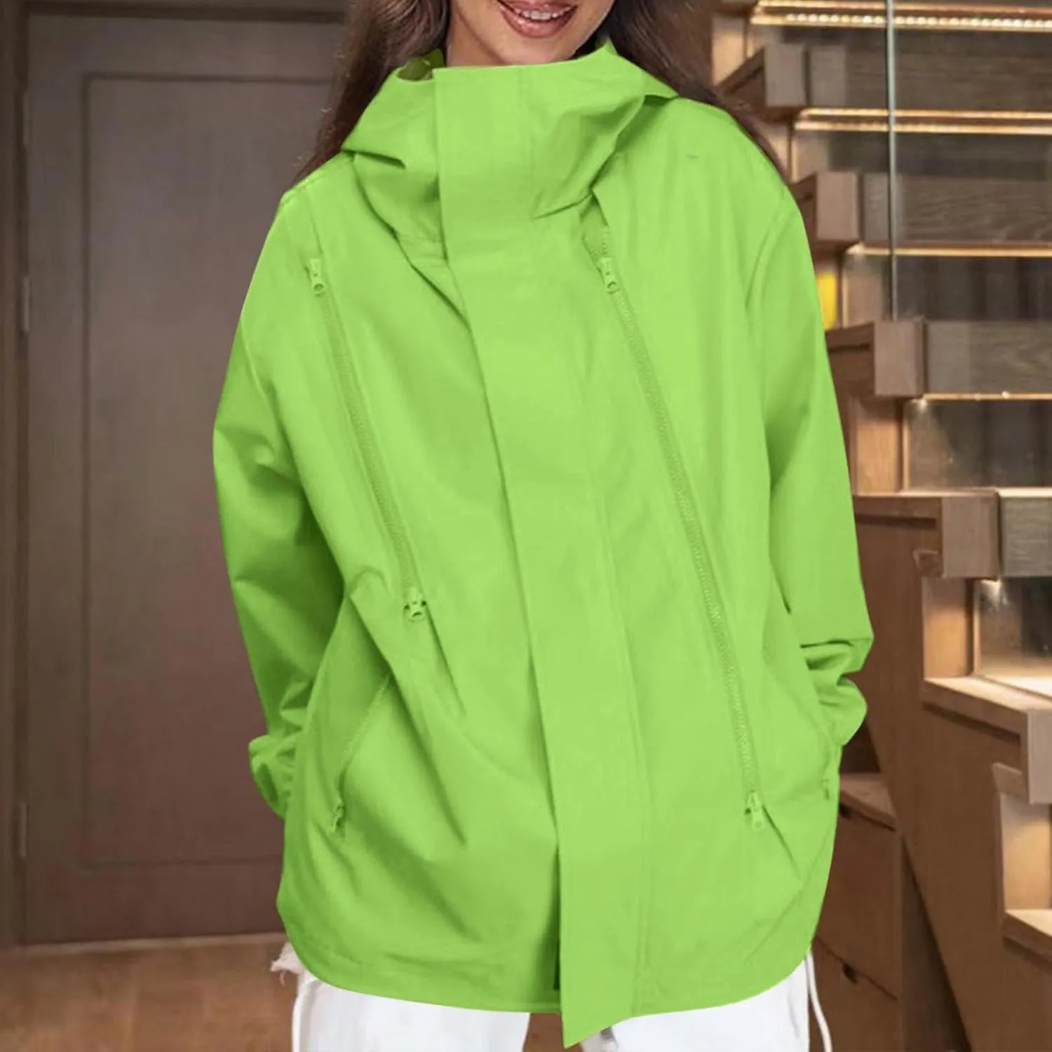 Women Oversized Rain Jackets Hooded Waterproof Windproof Raincoat with Pockets, Loose Zip Up Windbreaker Rain Coat