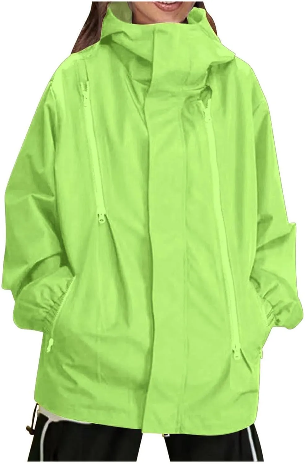 Women Oversized Rain Jackets Hooded Waterproof Windproof Raincoat with Pockets, Loose Zip Up Windbreaker Rain Coat