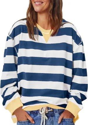 Women Oversized Sweatshirt Long Sleeve Crewneck Color Block Striped Pullover Tops