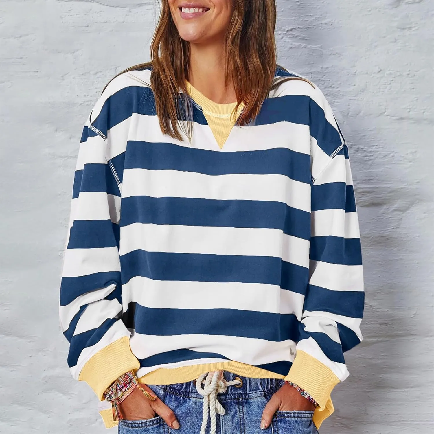 Women Oversized Sweatshirt Long Sleeve Crewneck Color Block Striped Pullover Tops
