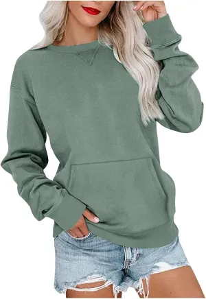 Women Round Neck Pullover Shirts Long Sleeve Solid Color Casual Sweatshirt Loose Fit Casual Tops with Pocket Fall Clothes