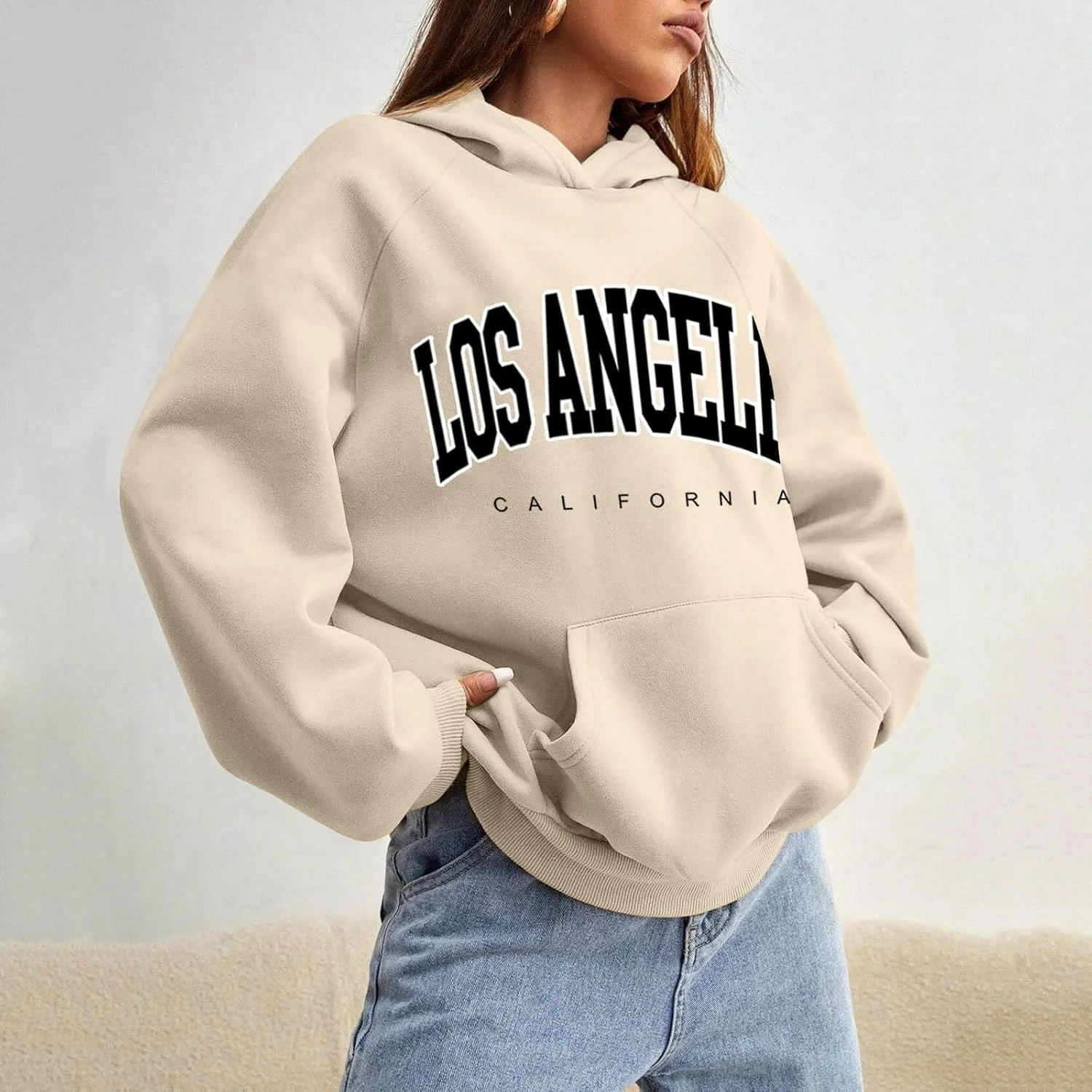 Women Solid Basic Fleece Letter Loose Hoodie Sweatshirt Long Sleeve Pocket Drop Shoulder Pullovers Top Pullover