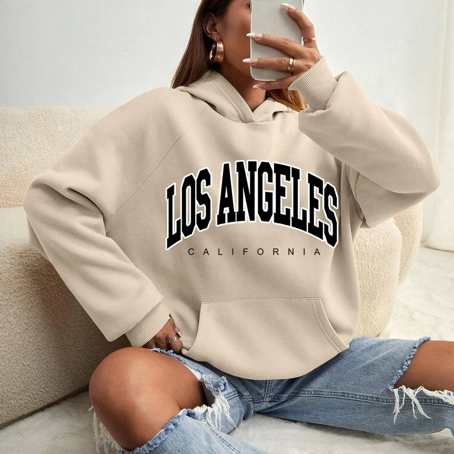 Women Solid Basic Fleece Letter Loose Hoodie Sweatshirt Long Sleeve Pocket Drop Shoulder Pullovers Top Pullover