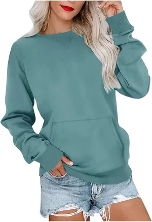 Women Solid Colors Crewneck Sweatshirts Long Sleeve Pullover Tops No Hood Cute Sweatshirt Comfort Sweaters 2024