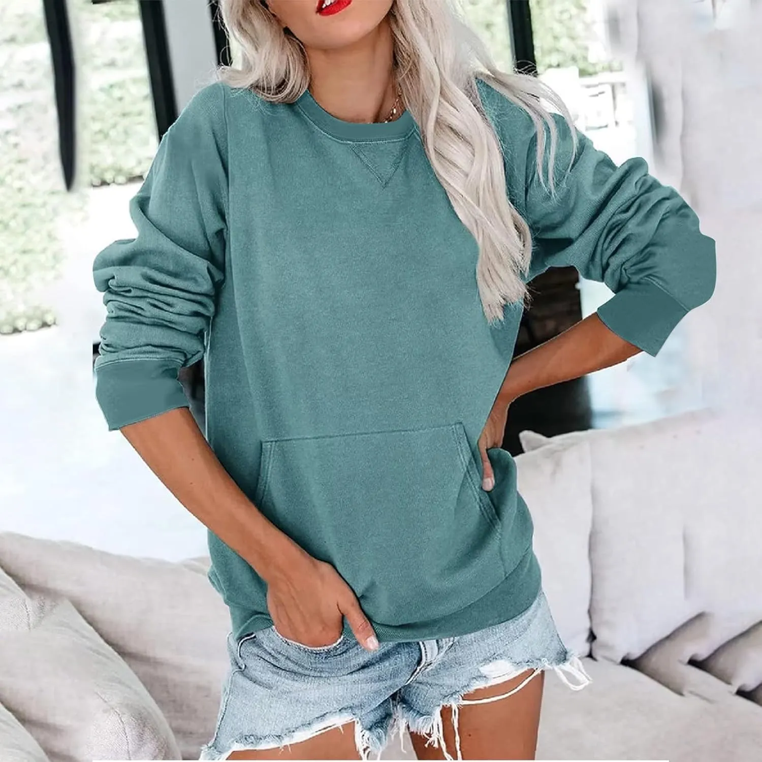 Women Solid Colors Crewneck Sweatshirts Long Sleeve Pullover Tops No Hood Cute Sweatshirt Comfort Sweaters 2024