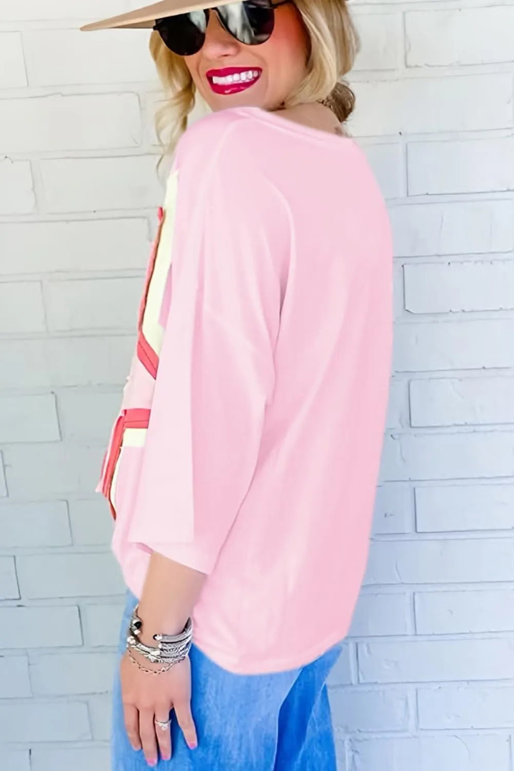 Women Star Patch Half Sleeve T-Shirt Crew-Neck Pullover Knit Casual Stylish Spring/Summer Loose Jumper Blouse Tops