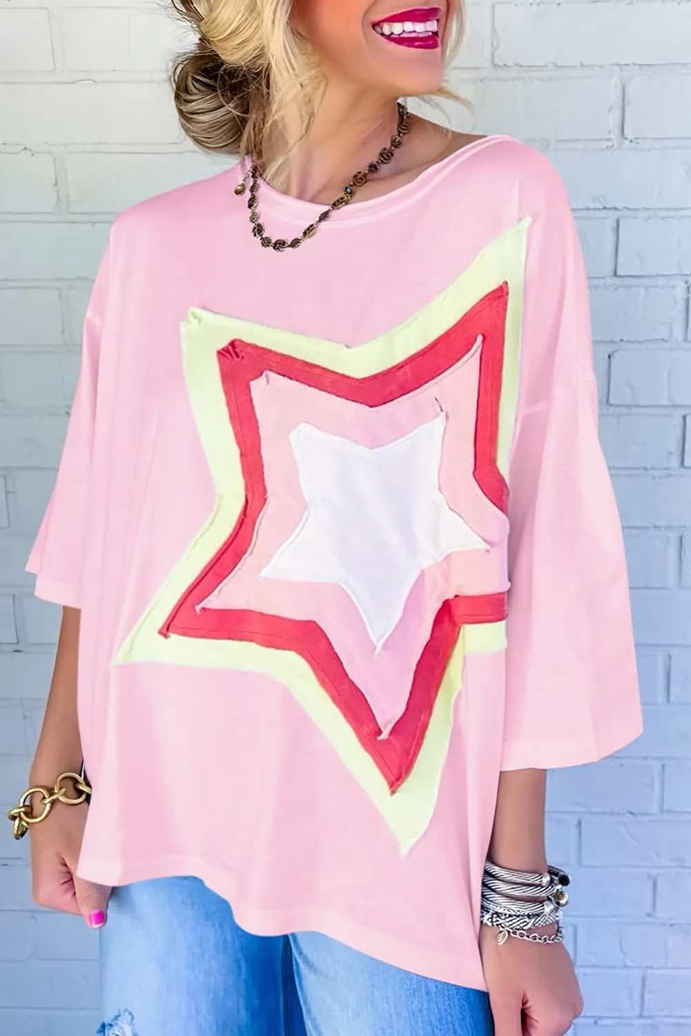 Women Star Patch Half Sleeve T-Shirt Crew-Neck Pullover Knit Casual Stylish Spring/Summer Loose Jumper Blouse Tops