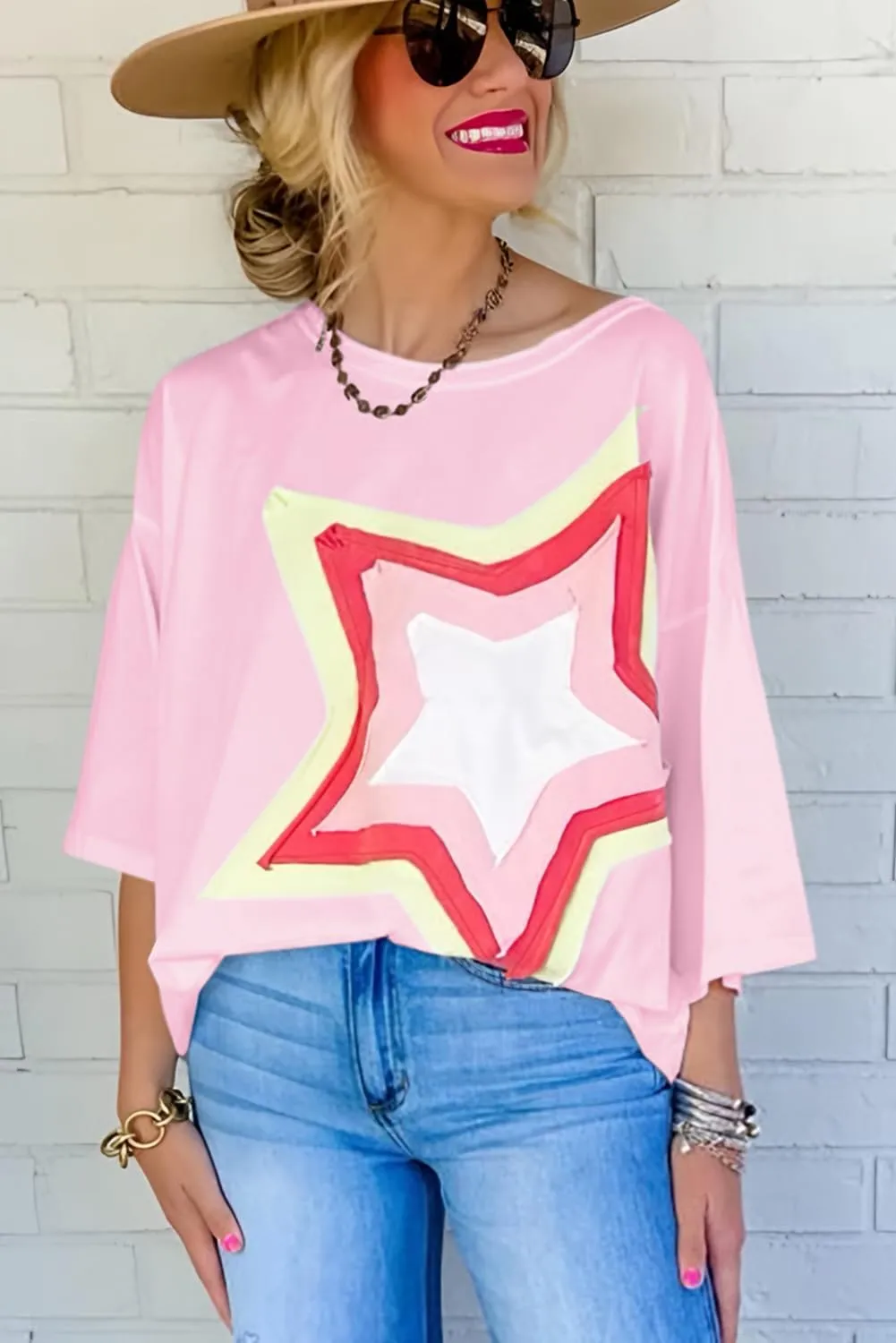 Women Star Patch Half Sleeve T-Shirt Crew-Neck Pullover Knit Casual Stylish Spring/Summer Loose Jumper Blouse Tops