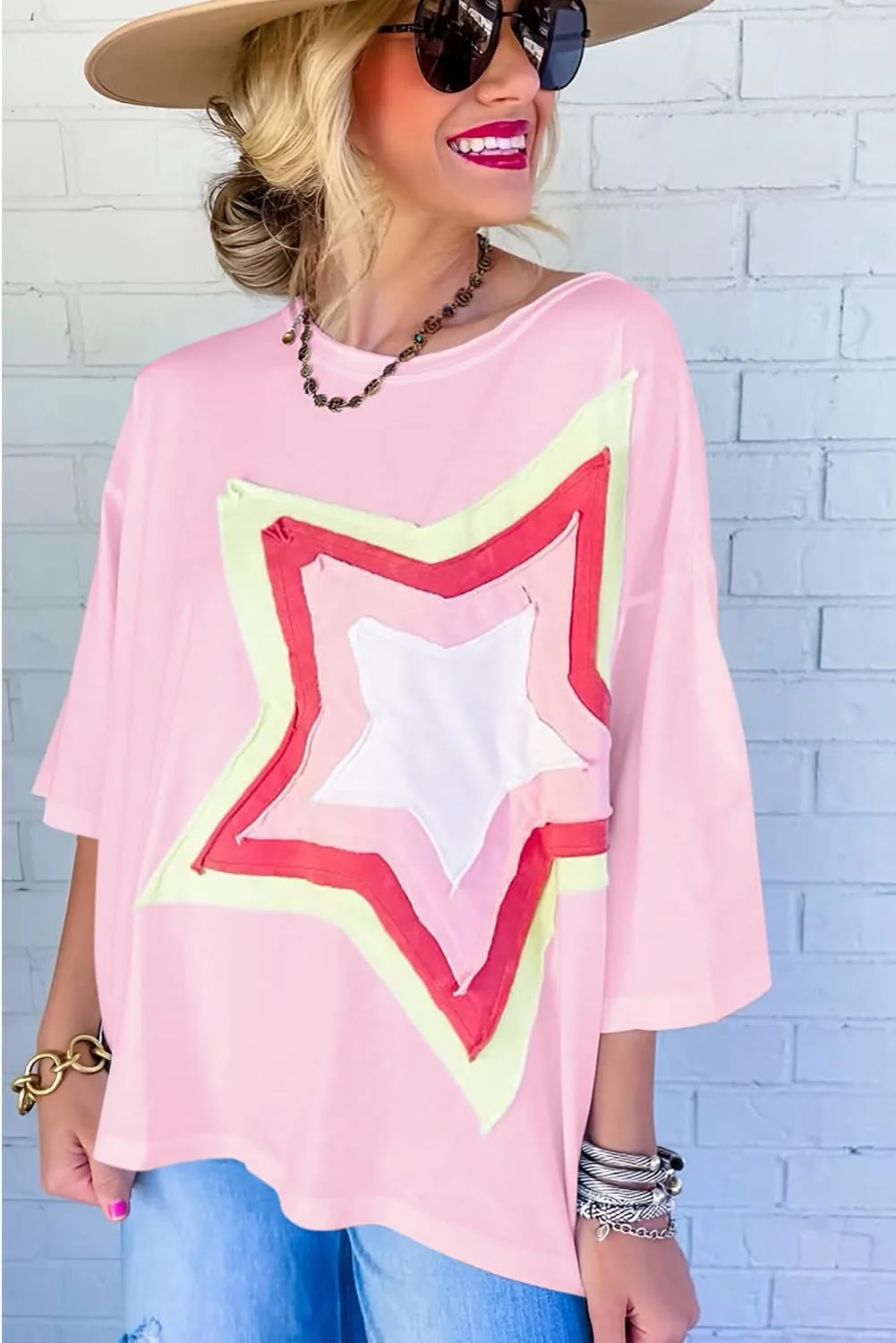 Women Star Patch Half Sleeve T-Shirt Crew-Neck Pullover Knit Casual Stylish Spring/Summer Loose Jumper Blouse Tops