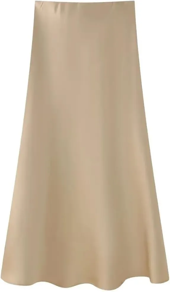 Women Vintage Casual Skirt Solid Silky Satin Straight Elasticwaist Midi Skirt Spring Summer Skirt