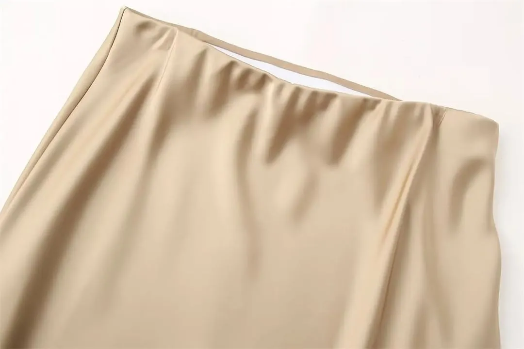 Women Vintage Casual Skirt Solid Silky Satin Straight Elasticwaist Midi Skirt Spring Summer Skirt