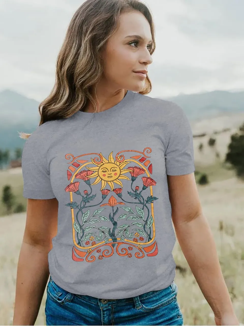 Women Vintage Wildflower T Shirt Funny Sun Mystical Shirts Boho Graphic Tees Short Sleeve Tops