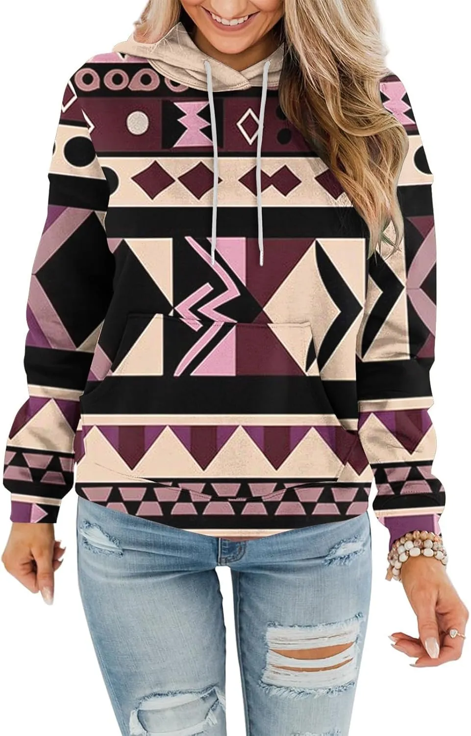 Women Western Ethic Hoodie Aztec Style Print Graphic Sweatshirts Pullover Hooded Pullover Tops Shirts Vintage Clothing