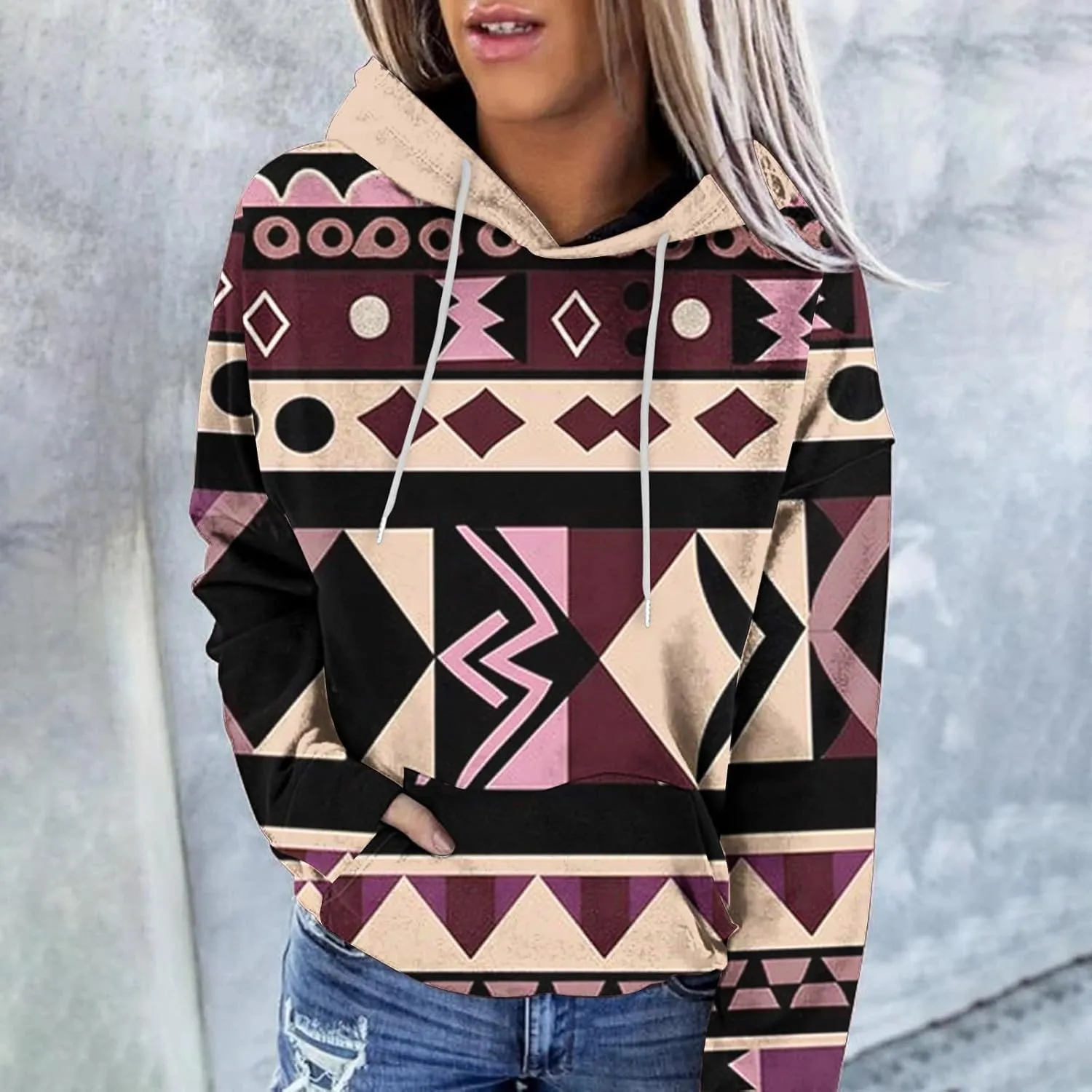 Women Western Ethic Hoodie Aztec Style Print Graphic Sweatshirts Pullover Hooded Pullover Tops Shirts Vintage Clothing