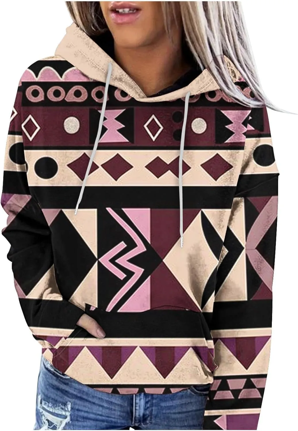 Women Western Ethic Hoodie Aztec Style Print Graphic Sweatshirts Pullover Hooded Pullover Tops Shirts Vintage Clothing