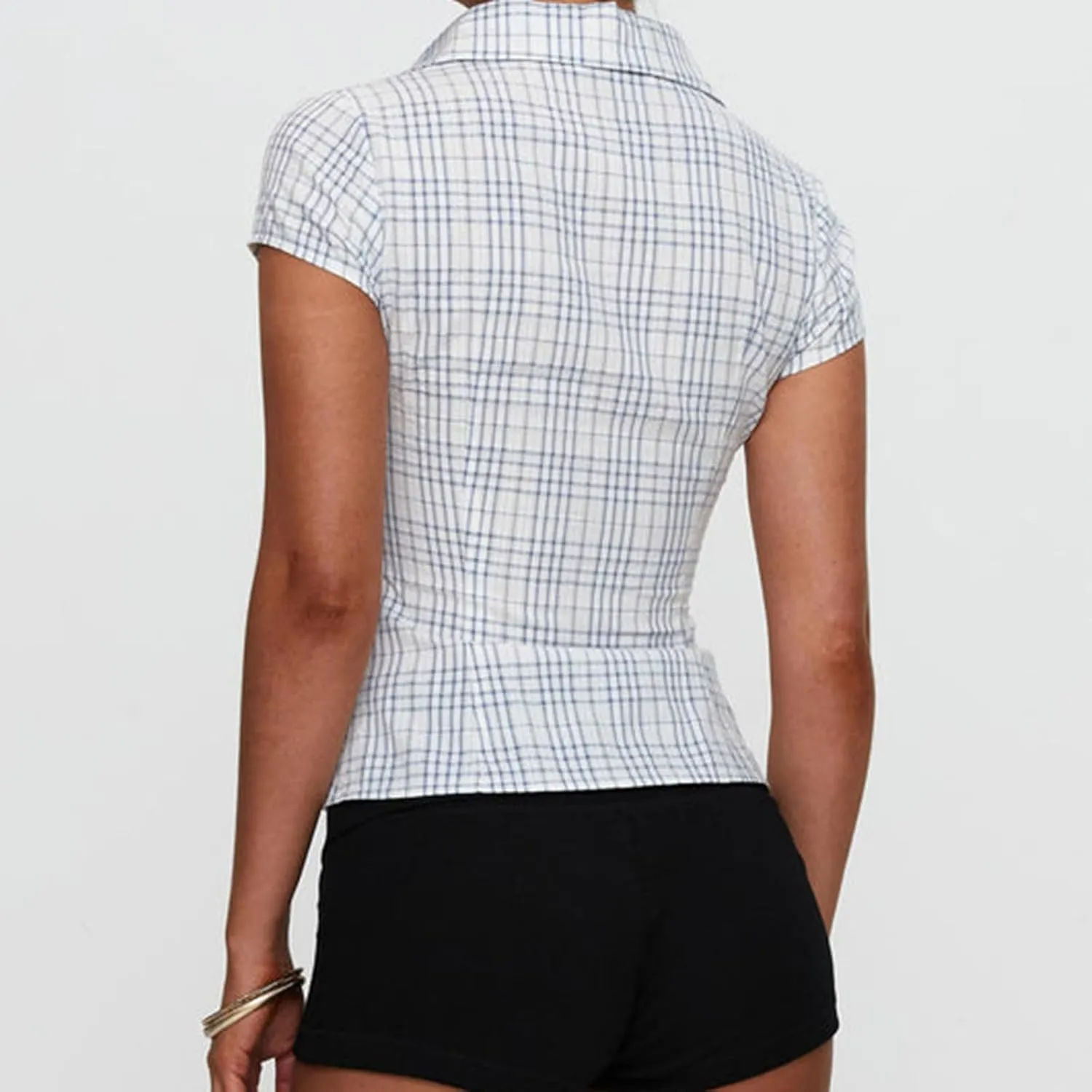 Women Y2k Short Sleeve Button Up Shirt Lapel Collar V Neck Plaid Open Front Blouse Basic Casual Going Out T-Shirt