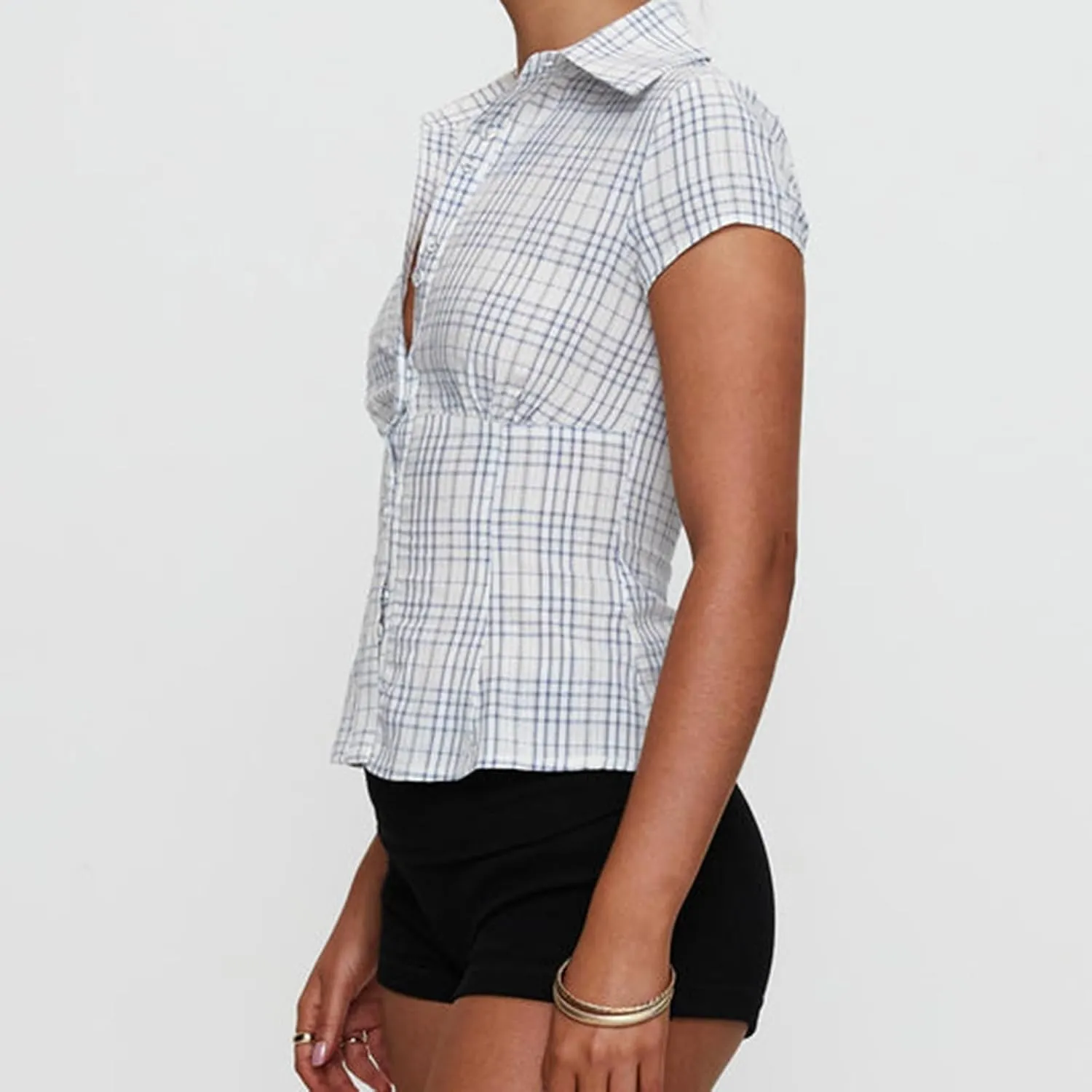 Women Y2k Short Sleeve Button Up Shirt Lapel Collar V Neck Plaid Open Front Blouse Basic Casual Going Out T-Shirt
