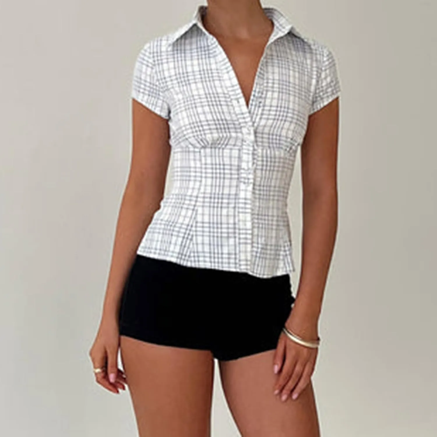 Women Y2k Short Sleeve Button Up Shirt Lapel Collar V Neck Plaid Open Front Blouse Basic Casual Going Out T-Shirt