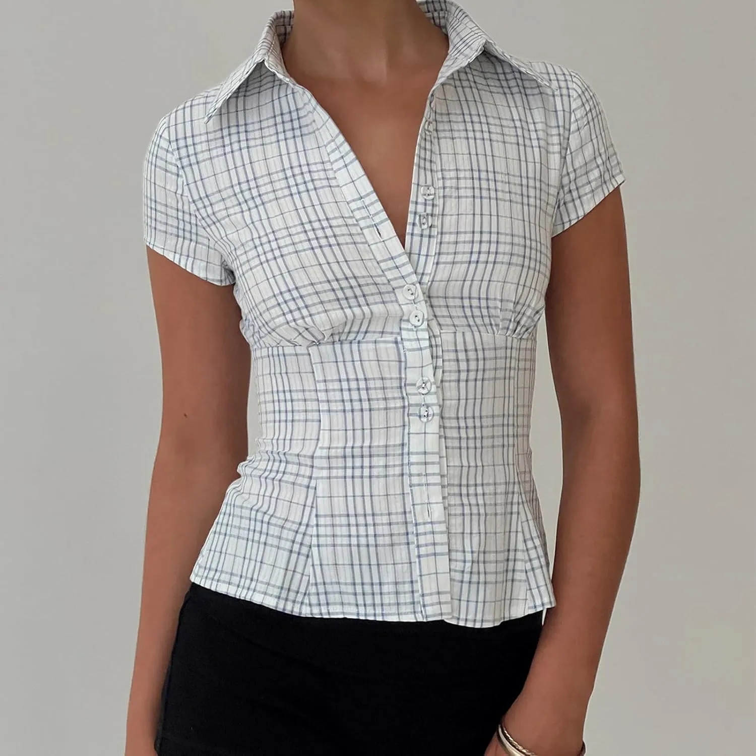 Women Y2k Short Sleeve Button Up Shirt Lapel Collar V Neck Plaid Open Front Blouse Basic Casual Going Out T-Shirt