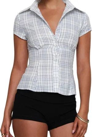 Women Y2k Short Sleeve Button Up Shirt Lapel Collar V Neck Plaid Open Front Blouse Basic Casual Going Out T-Shirt