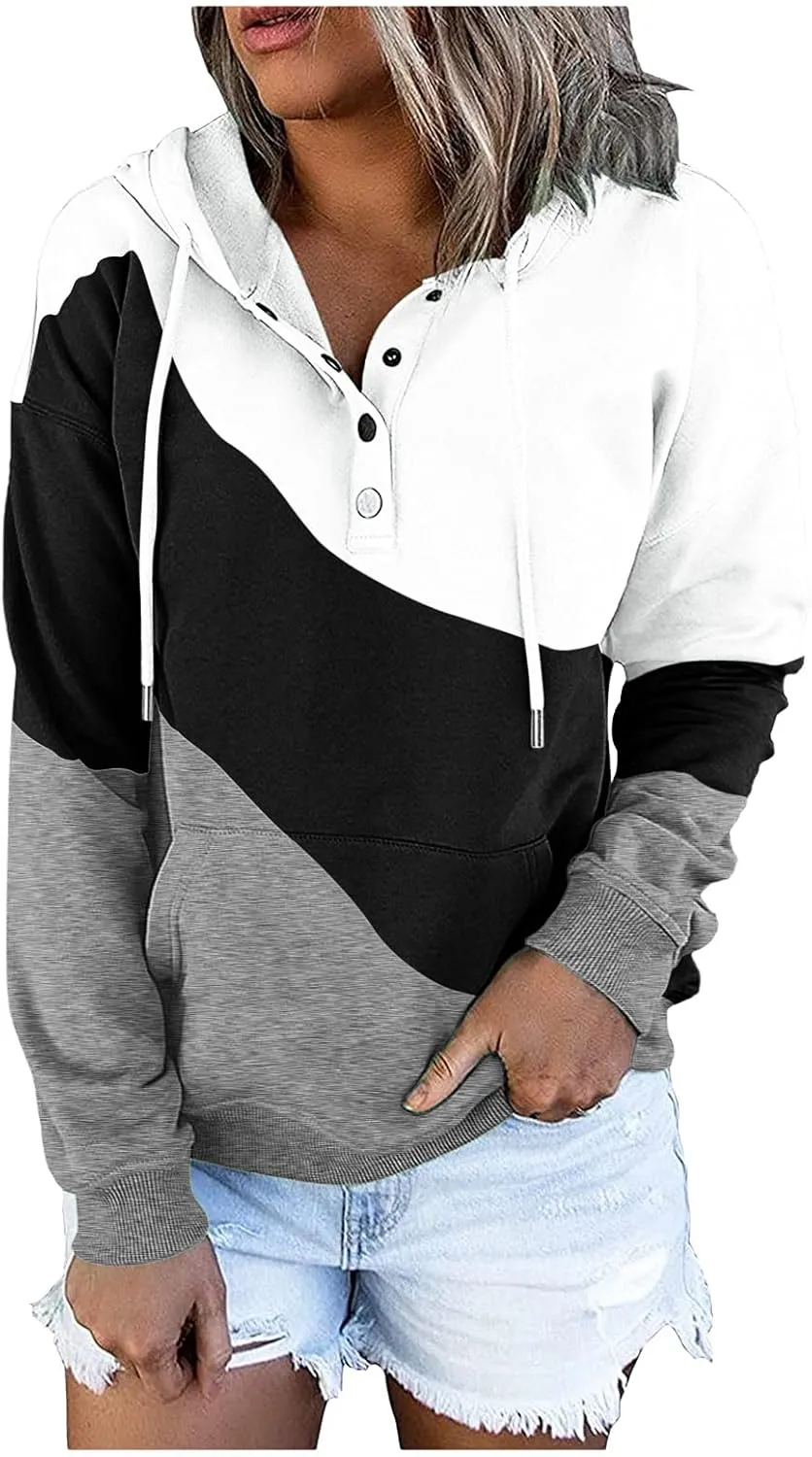 Womens 2022 Hooded Button Collar Drawstring Hoodies Pullover Sweatshirts Casual Long Sleeve Tops Shirts