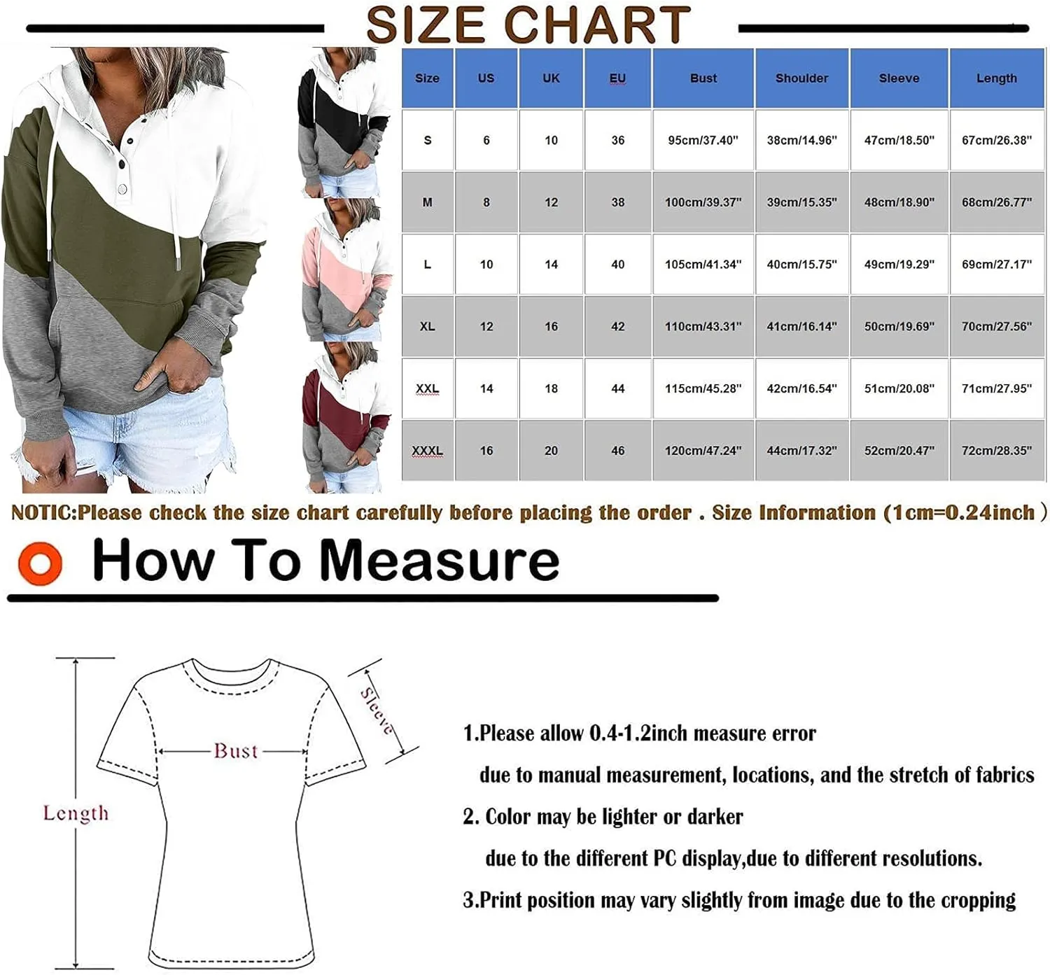 Womens 2022 Hooded Button Collar Drawstring Hoodies Pullover Sweatshirts Casual Long Sleeve Tops Shirts