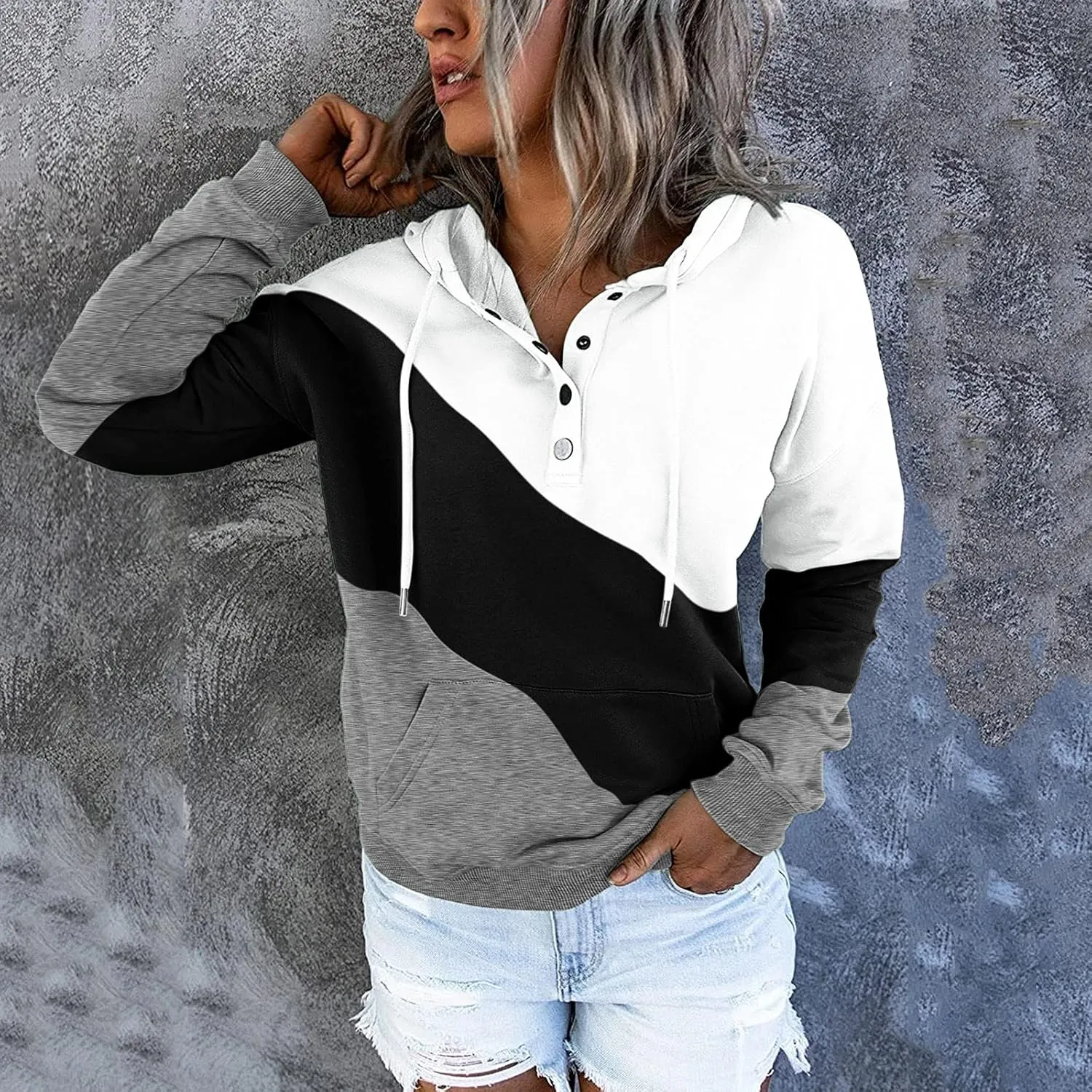 Womens 2022 Hooded Button Collar Drawstring Hoodies Pullover Sweatshirts Casual Long Sleeve Tops Shirts