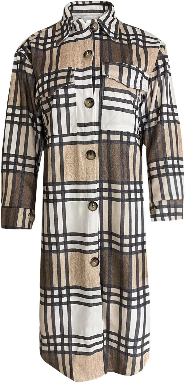 Womens 2023 Fall Flannel Shacket Jacket Brushed Plaid Shirts Outerwear Casual Lapel Button Down Tartan Trench Coat