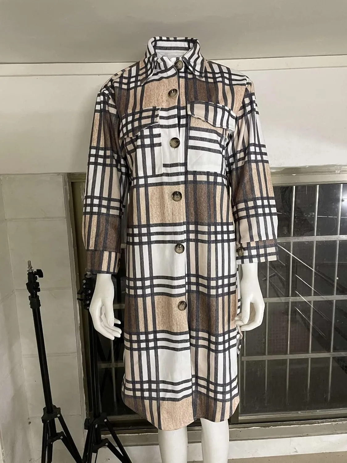 Womens 2023 Fall Flannel Shacket Jacket Brushed Plaid Shirts Outerwear Casual Lapel Button Down Tartan Trench Coat