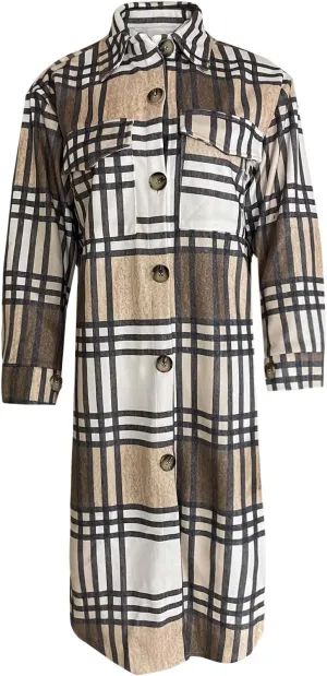 Womens 2023 Fall Flannel Shacket Jacket Brushed Plaid Shirts Outerwear Casual Lapel Button Down Tartan Trench Coat